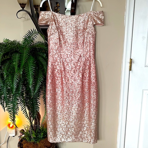 Vince Camuto Off Shoulder Coral Pink Ombre Sequin Dress Midi Sparkly Party - Picture 3 of 15